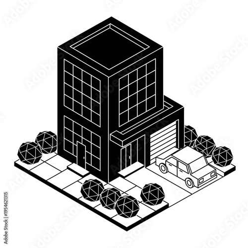 Isometric illustration of a modern multi-story building with a garage, car, and surrounding geometric trees on a sidewalk.
