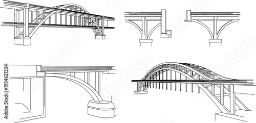 Bridge architecture line art set featuring various bridge types engineering structures urban infrastructure and technical sketch vector illustration collection