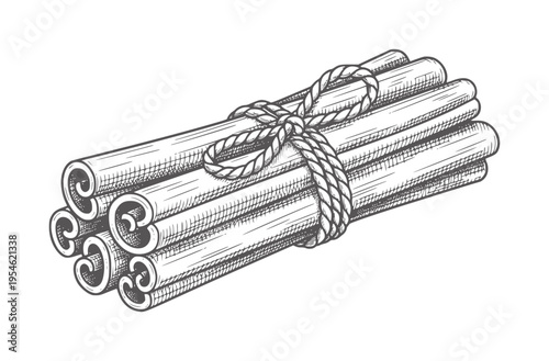 Hand drawn of cinnamon sticks tied with rope spice food ingredient