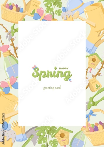 Fotografi Festive spring greeting card with HAPPY Spring text in green script and floral a