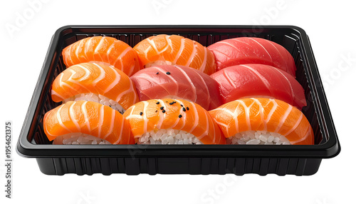 An assortment of sushi nigiri in a black plastic container, ready for takeout