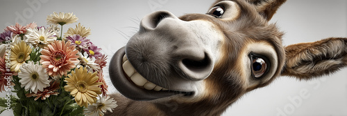 Extreme Close-Up, Hyper-Realistic Portrait of a Hilarious Donkey with Exaggerated Smile Peeking Through Colorful Spring Daisies on White Background with Copy Space. Generative Ai.
