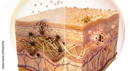 Scientific 3D cross-section of body skin cells showing antioxidant vitamin C and E molecules neutralizing free radicals and oxidative stress with glowing golden protective spheres