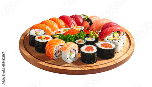 A vibrant sushi platter, diverse rolls and nigiri, arranged on a wooden serving board