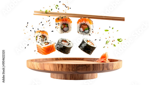 Sushi rolls, chopsticks, and pickled ginger levitating over a wooden serving platter