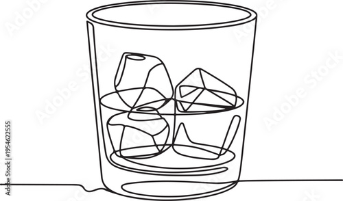 Minimalist single line drawing of a refreshing cocktail with ice cubes in a clear glass on a white background