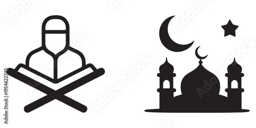 Muslim Woman Reading Quran and Mosque Silhouette Icon Set
