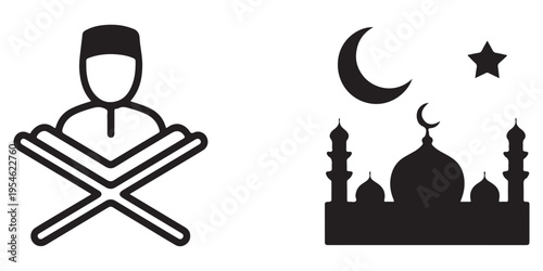 Muslim Man Reading Quran and Mosque Silhouette Icon Set