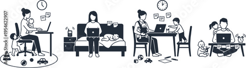 Work-From-Home Mom Illustration Set with Children, Laptops, and Household Tasks for Parenting and Remote Work Designs