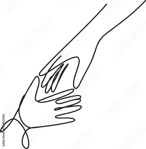 Continuous Line Art of Two Hands Connecting, Symbolizing Care, Support, Family Love, and Intergenerational Bond in a Minimalist Style