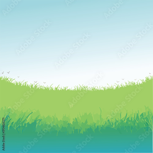 Green meadow with birds and blue sky vector illustration for background