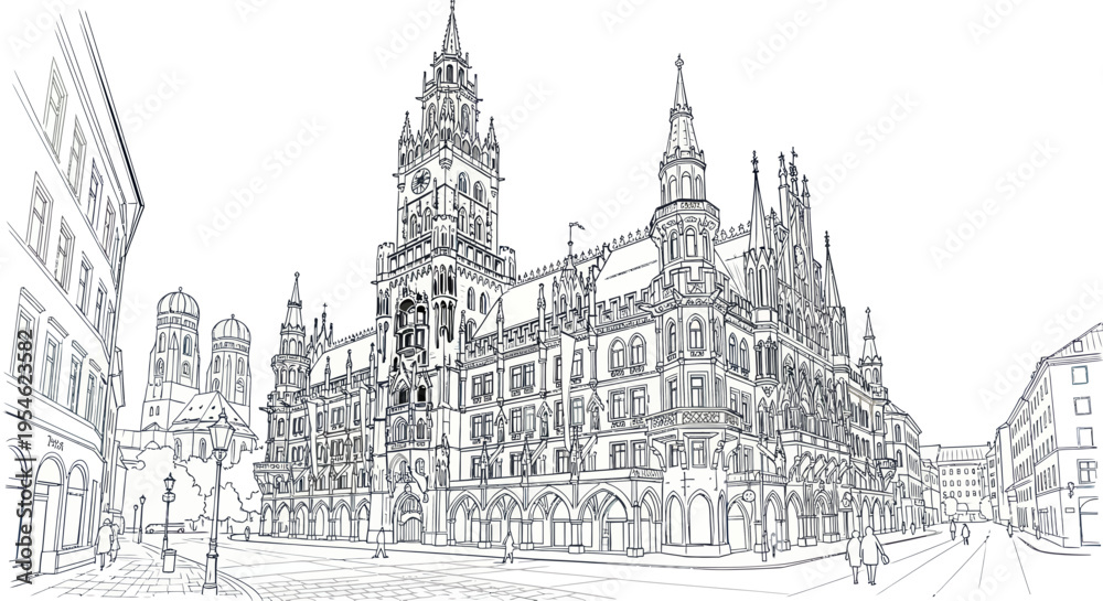 Fototapeta premium New Town Hall Munich Germany Line Drawing Architectural Sketch