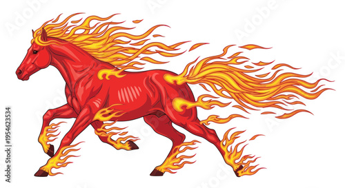 Fiery Red Horse Galloping with Flames, Mythical Creature Illustration