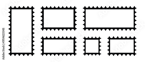 Set of postage stamps border template. Blank frames for mail letter. Jagged wavy edge forms. Vector illustration eps 10