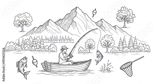 Fisherman in boat on lake with mountains and trees, catching fish