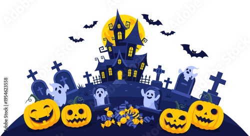 Haunted House Halloween Graveyard with Pumpkins, Ghosts, Bats, and Candy