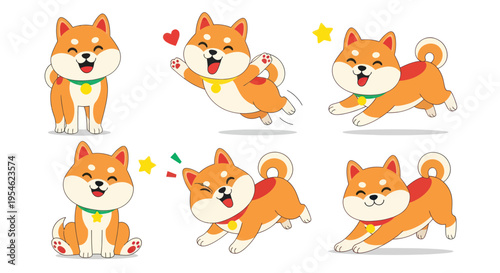 Happy Shiba Inu Dog Poses Collection, Cute Cartoon Animal Illustrations