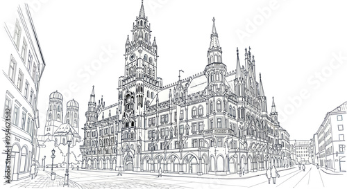 New Town Hall Munich Germany Line Drawing Architectural Sketch