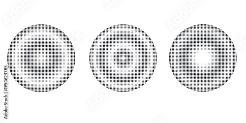 Round target dot pattern, abstract half tone background. Semitone dots fade gradient, polka effect, vintage halftone rings, geometric pixel circles