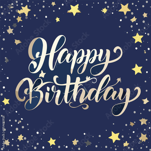 Happy birthday greeting with star decorations on dark blue background
