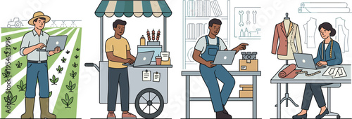 Illustration of People in Various Work Environments Using Laptops, Farmers, Street Vendors, Retail Workers, and Tailors with Digital Tools