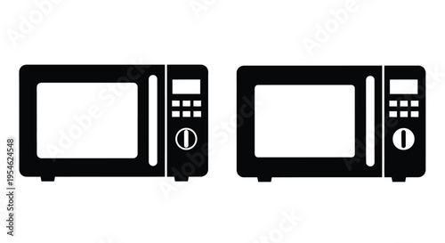 Two black microwave oven icons displayed against a white background silhouette