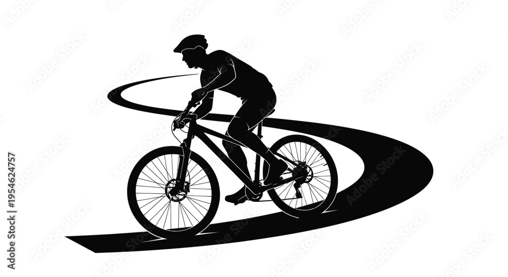 Obraz premium Cyclist riding a mountain bike on a winding path silhouette