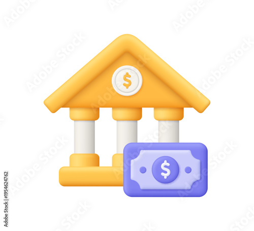 Yellow bank building with purple banknote. 3d vector icon. Banking services, money savings, investment and cash transaction and financial success concept. Cartoon minimal, claymorphism style.