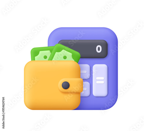 Purple calculator and yellow wallet with cash banknotes. Banking, accounting, personal finance, expense calculation and financial planning concept. 3d vector icon. Cartoon minimal style.