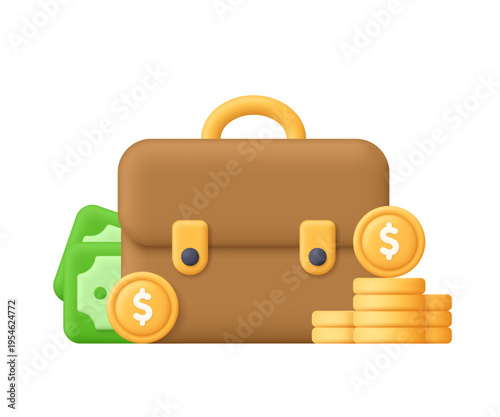 Business briefcase with dollar coins, coin stacks and cash banknotes. Finance, investment, savings, business income and corporate finance concept. 3d vector icon. Cartoon minimal style.