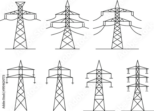 Electrical transmission towers collection showcasing diverse pylon designs, power line structures, voltage capacity engineering, energy distribution infrastructure