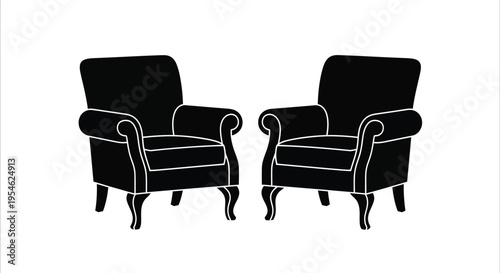 Two ornate armchairs face each other in a stark design silhouette