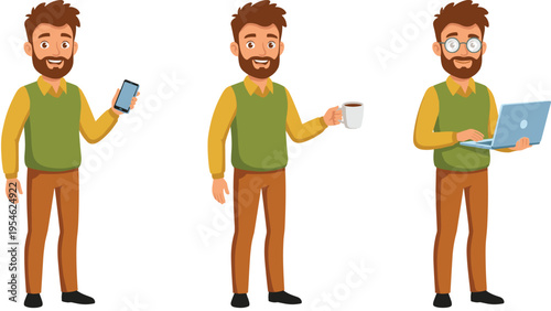 Illustration of Casual Businessman with Phone, Coffee Mug, and Laptop in Different Relaxed Working Poses