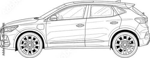 Modern compact crossover SUV car coloring page, detailed side view outline, automotive vehicle vector line art for adults and kids,