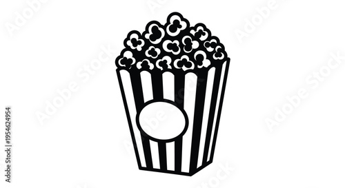 Black and white popcorn container illustration with a single kernel silhouette