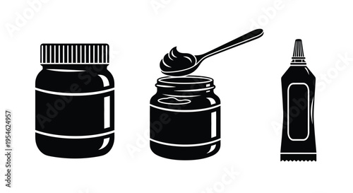 Black and white illustration of condiments and jars a striking silhouette