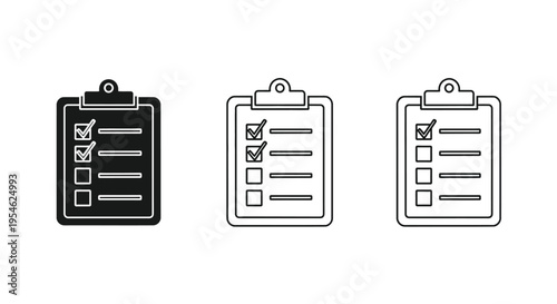 Three clipboard icons with checkboxes in varying styles silhouette