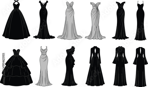 Elegant evening gown silhouettes collection, fashion dress illustrations, formal wear designs, bridal and party gowns, luxury apparel set