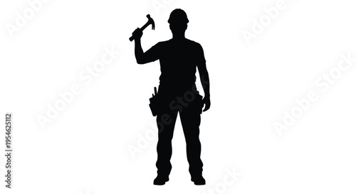 Construction worker holding hammer in a dark striking silhouette