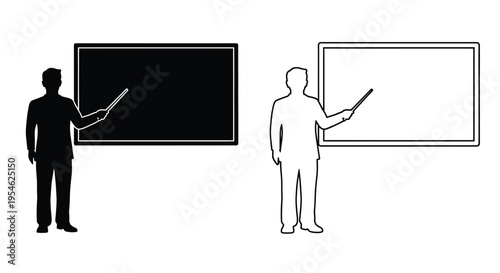 Teacher presenting at a blackboard and whiteboard contrasting views silhouette