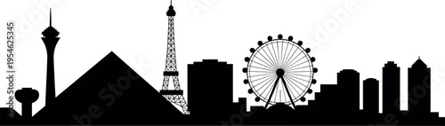 Las Vegas skyline silhouette featuring Stratosphere tower, pyramid hotel, Eiffel Tower replica, High Roller wheel, modern cityscape illustration