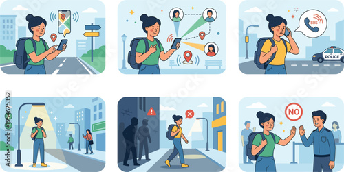 Vector Icons Set for Personal Safety, Navigation, Emergency Alerts, and Security Measures for Websites, Apps, and Digital Media Projects