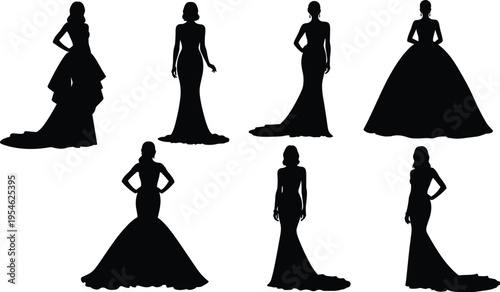 Elegant female gown silhouettes, fashion illustration, bridal wear inspiration, formal dress styles, evening attire design, couture sketch, runway concept art