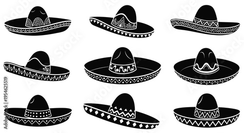 Collection of traditional mexican sombreros in black silhouette