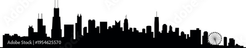 Chicago city skyline silhouette with Willis Tower Ferris wheel urban architecture modern black vector illustration isolated on white background