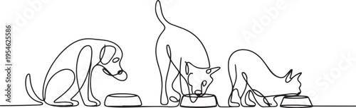 Dogs and cats are eating food, one line continuously. Minimalist simple linear style. Vector outline illustration. one line Icon drawing