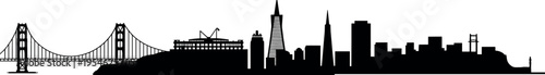 San Francisco skyline silhouette with Golden Gate Bridge, Transamerica Pyramid and waterfront buildings in clean modern urban illustration design style