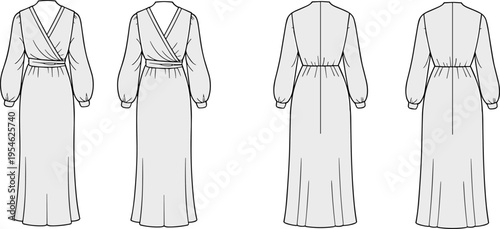 Elegant long sleeve dresses, fashion technical sketch, gathered waist, voluminous sleeves, wrap and high neckline design