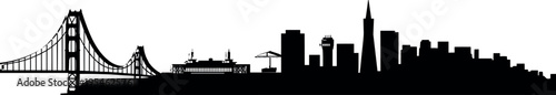 San Francisco skyline silhouette with Golden Gate Bridge, Transamerica Pyramid and waterfront landmarks in clean modern urban illustration design style