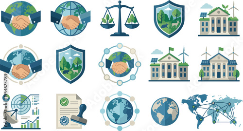 Vector Icons Set for Global Sustainability, Environmental Protection, Green Technology, and Eco-Friendly Policies for Websites, Apps, and Digital Media Projects